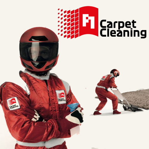 Echipa F1 Carpet Cleaning în costume roșii de cursă, gata de treabă
